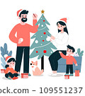 Happy Family Decorate Christmas Tree. Father Put Star on Top of Fir Tree,  People Celebrating New Year and Xmas at Home. 109551237