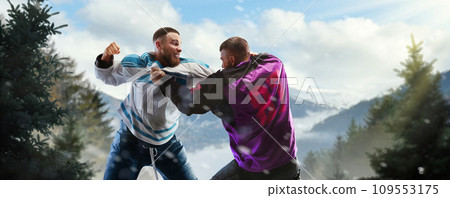 Hockey fight. Two professional hockey players in a fight. Outdoor hockey. Fight for the puck. Sports emotions. Sport concept. Crazy game Hockey fight. Two professional hockey players in a fight. Outdoor hockey. Fight for the puck. Sports emotions. Sport concept. Crazy game 109553175