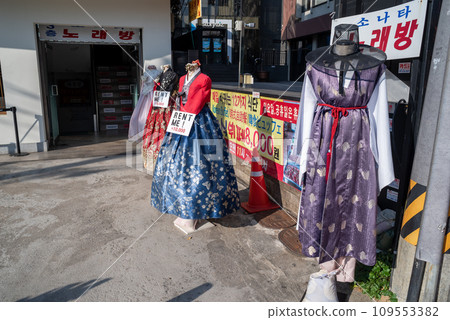 Traditional Korean Hanbok dresses displayed for rent to tourists visiting Seoul South Korea Traditional Korean Hanbok dresses displayed for rent to tourists visiting Seoul South Korea 109553382