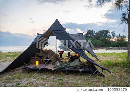 Solo camping black tent outdoor camping image rustic one pole tent Solo camping black tent outdoor camping image rustic one pole tent 109553879