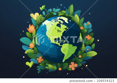 Earth day concept with green leaves, planet earth and flowers on dark blue background. Generative ai 109554323