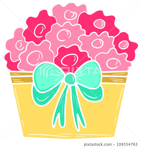 Yellow pot holds cute red and pink flowers decorated with bow 109554763