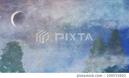 Misty Christmas landscape illustration with fir trees and crescent moon | Japanese paper texture illustration with foil (blue) Misty Christmas landscape illustration with fir trees and crescent moon | Japanese paper texture illustration with foil (blue) 109555602