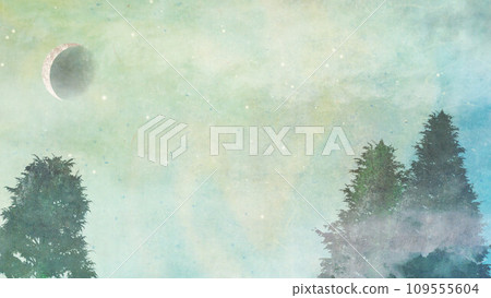 Misty Christmas landscape illustration with fir trees and crescent moon | Japanese paper texture illustration with foil (lime) 109555604
