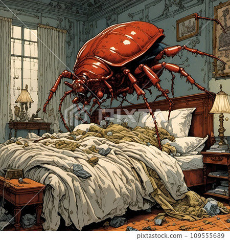 AI-generated content. Generative AI illustration of a gigantic bed bug on top of a unmade bed in a filthy room. AI-generated content. Generative AI illustration of a gigantic bed bug on top of a unmade bed in a filthy room. 109555689