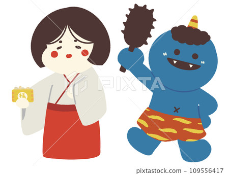 Illustration of Ao Oni and Fuku holding a gold stick Illustration of Ao Oni and Fuku holding a gold stick 109556417