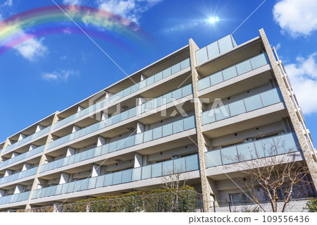 Scenery of an apartment, rainbow and refreshing blue sky Scenery of an apartment, rainbow and refreshing blue sky 109556436