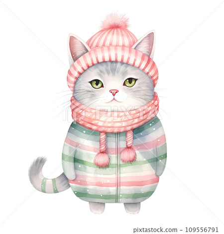 Watercolor cat with a bow in winter for Christmas festival on transparent background  109556791