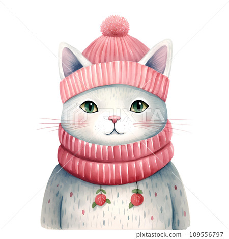Watercolor cat with a bow in winter for Christmas festival on transparent background  109556797