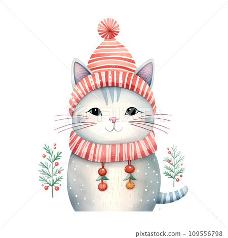 Watercolor cat with a bow in winter for Christmas festival on transparent background Watercolor cat with a bow in winter for Christmas festival on transparent background 109556798