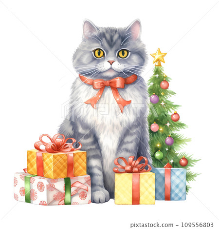 Watercolor cat with a bow in winter for Christmas festival on transparent background Watercolor cat with a bow in winter for Christmas festival on transparent background 109556803