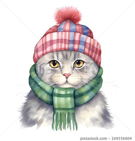 Watercolor cat with a bow in winter for Christmas festival on transparent background Watercolor cat with a bow in winter for Christmas festival on transparent background 109556804