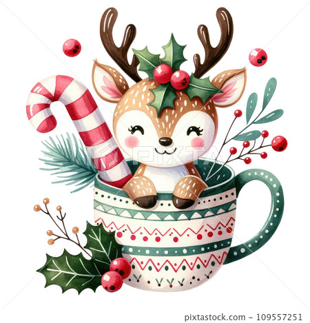 Cute reindeer in Festive Christmas Mug with Candy and Holly Cute reindeer in Festive Christmas Mug with Candy and Holly 109557251