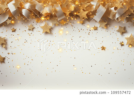 Christmas and New Year background with gold confetti and stars on white. Generative AI 109557472