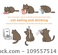 Illustration set of black cats eating and drinking 109557514
