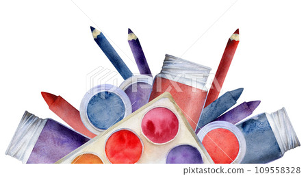 Watercolor hand drawn illustration, kids children painting materials supplies, red blue purple art stationery. Seamless border isolated on white. For school, kindergarten, party, cards, website, shop. 109558328