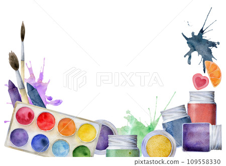 Watercolor hand drawn illustration, kids children painting materials supplies, art multicolor stationery, splashes. Horizontal frame isolated on white. School kindergarten, party, cards, website, shop 109558330