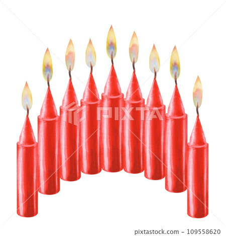 Watercolor red candles with flame for illustrations for Christmas, Candlemas Day, wedding, birthday, Easter, magic, memorial day, spa and relaxation for invitations, cards, social posts, banner 109558620
