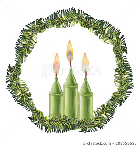 Watercolor green candles with flame in a frame of fir branches for Christmas, Candlemas, wedding, birthday, Easter, magic, memorial day, spa and holiday for invitations, cards, social posts, banners 109558653