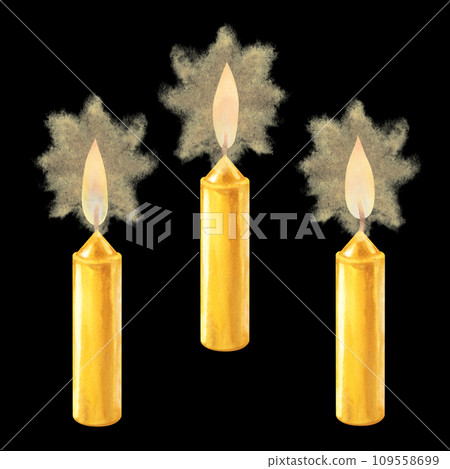 Watercolor yellow candles with flame of fir branches for Christmas, Candlemas, wedding, birthday, Easter, magic, memorial day, spa and holiday for invitations, cards, social posts, banners 109558699