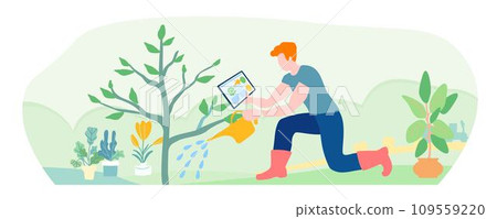 The gardener waters the tree. Hand drawn, Cute vector illustration 109559220