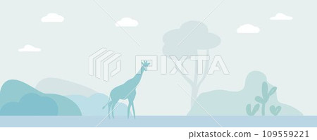 Delicate landscape with a giraffe. Dawn in Africa. Nature background. Vector illustration 109559221