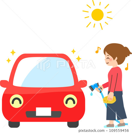 A woman washing her car and her clean car 109559456
