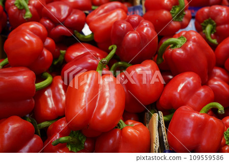Close up of red paprika in the store. Healthy food concept 109559586