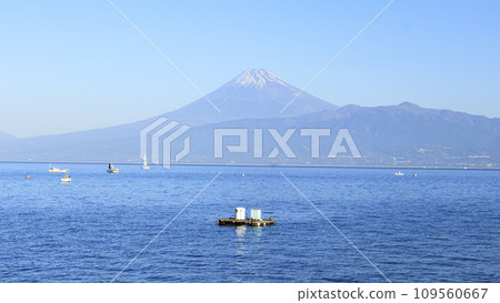 Beautiful Mt. Fuji in winter seen across Suruga Bay Beautiful Mt. Fuji in winter seen across Suruga Bay 109560667