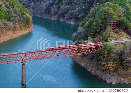Shizuoka Prefecture/Red iron bridge and Okuoikojo Station where the train is successful [Oigawa Railway/Lake Chiku] 109560763