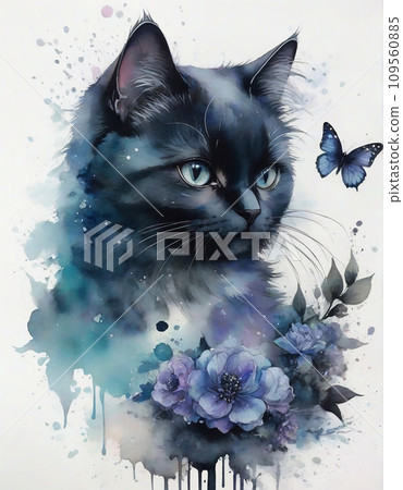 Black cat and flower watercolor illustration art (AI generated image) 109560885