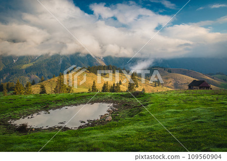 Foggy summer scenery and beautiful phenomenon in the mountains, Romania 109560904