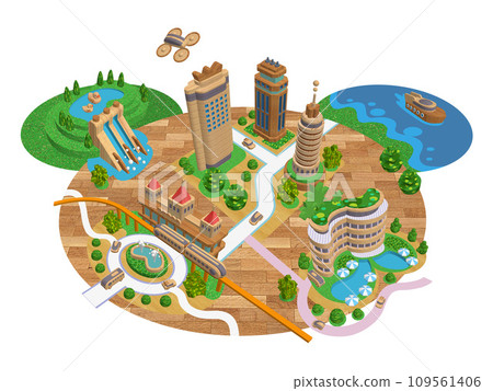 Woody Town - 3D futuristic illustration of a wooden eco-city with variations Woody Town - 3D futuristic illustration of a wooden eco-city with variations 109561406