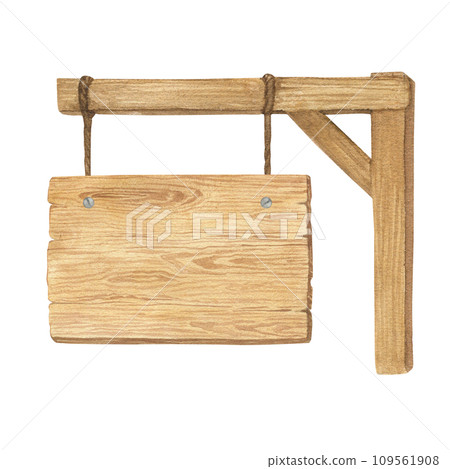 Watercolor illustration of wood sign holder, wooden plank or pointer isolated. Handmade. 109561908