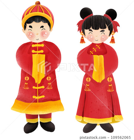 Painting of men and women wearing Chinese New Year costumes for the Chinese New Year festival. Painting of men and women wearing Chinese New Year costumes for the Chinese New Year festival. 109562065