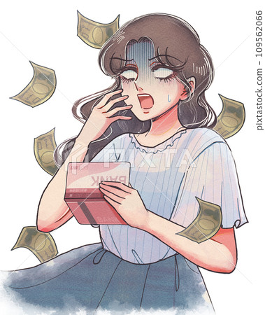 I don't have money...A cartoon-style illustration of a poor woman who has a habit of spending money. 109562066