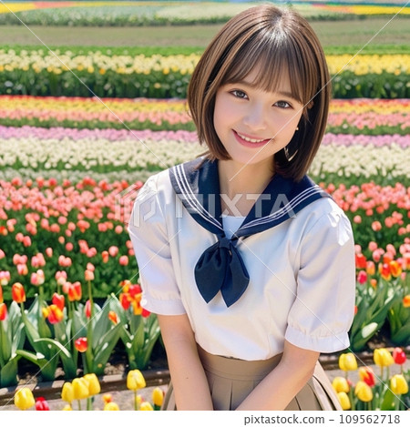 一個微笑的高中女生，背景是鬱金香田（生成人工智慧） 109562718