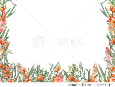 Bright sea buckthorn and imprints of autumn colorful leaves of different trees. Ripe orange berries. Watercolor illustration. Horizontal watercolor frame with copy space for text Bright sea buckthorn and imprints of autumn colorful leaves of different trees. Ripe orange berries. Watercolor illustration. Horizontal watercolor frame with copy space for text 109563918
