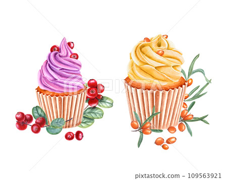 Set of cupcakes in paper wrapper. Muffin decorated with pink , orange cream and berries. Baked cake, cranberry. Cowberry, lingonberry. Sea buckthorn. Watercolor illustration for package, menu, recipe Set of cupcakes in paper wrapper. Muffin decorated with pink , orange cream and berries. Baked cake, cranberry. Cowberry, lingonberry. Sea buckthorn. Watercolor illustration for package, menu, recipe 109563921