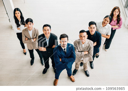 Aerial perspective showcases a V formation of businesspeople from various backgrounds, standing with crossed arms, exuding confidence and success in their collaborative office environment. Aerial perspective showcases a V formation of businesspeople from various backgrounds, standing with crossed arms, exuding confidence and success in their collaborative office environment. 109563985