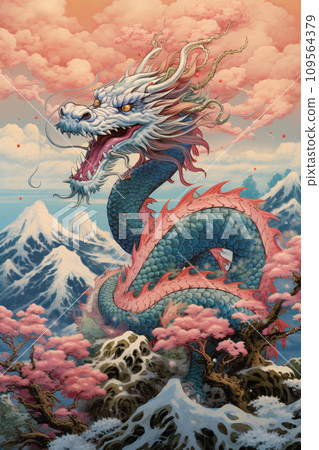 龍形龍、雲彩和山風景 109564379