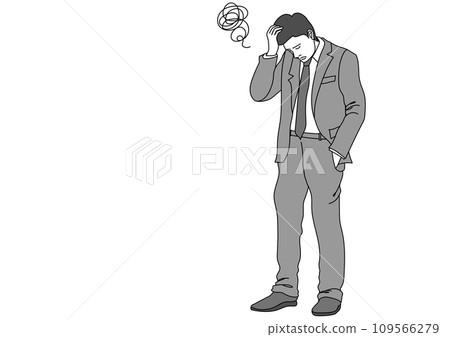 An office worker holding his head in thought and a fuzzy mark 109566279
