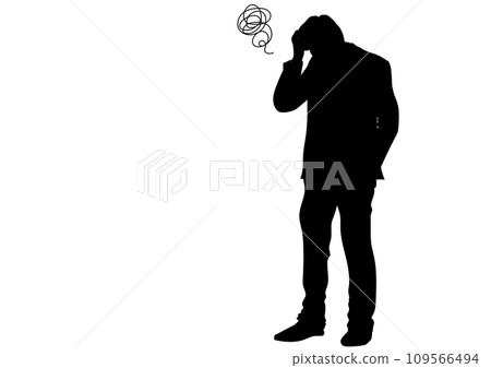 Silhouette of a worried man holding his head, full body, sideways, front view illustration 109566494