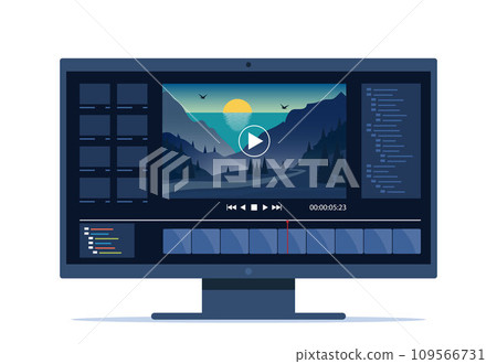 Video editing on desktop computer. Software to edit videos on screen with nature landscape scene, timeline and user interface. Multimedia and film production concept. Vector illustration. Video editing on desktop computer. Software to edit videos on screen with nature landscape scene, timeline and user interface. Multimedia and film production concept. Vector illustration. 109566731
