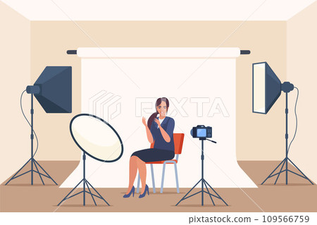 Shooting interview in professional studio. Soft box light, camera, spotlight. Professional equipment for video shooting. Woman having conversation on camera, making content. Vector illustration. 109566759