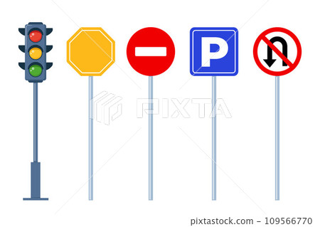 Road signs, set. Traffic signs on white background. Road traffic safety. Vector illustration. Road signs, set. Traffic signs on white background. Road traffic safety. Vector illustration. 109566770