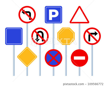 Road signs, set. Traffic signs on white background. Road traffic safety. Vector illustration. 109566772