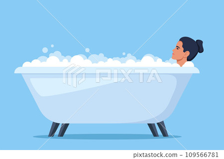 Woman in bath. Relaxed girl in bathtub with foam bubbles. Self care and hygiene, spa and relaxing. Vector illustration. 109566781