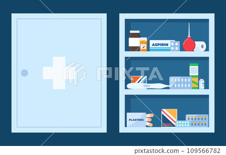 Medicine chest full of drugs, pills and bottles. Open and closed medical cabinet. Medications for first aid kit. Vector illustration. 109566782