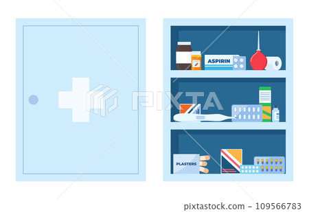 Medicine chest full of drugs, pills and bottles. Open and closed medical cabinet. Medications for first aid kit. Vector illustration. 109566783